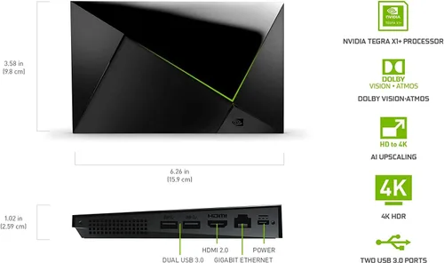 Vista 2 de NVIDIA Shield Android TV Pro Reproductor multimedia de transmisión 4K HDR de alto rendimiento, Dolby Vision, 3 GB de RAM, 2 USB X, funciona