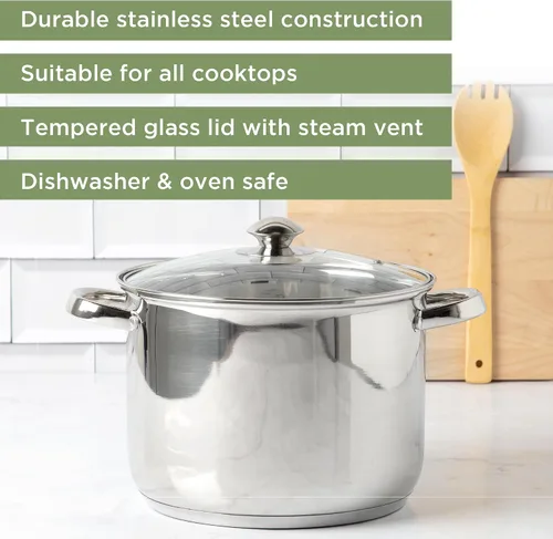 Vista 2 de Olla sopera de acero inoxidable Ecolution, olla de cocina lista para inducción con tapa de vidrio, apta para horno, olla de sopa apta