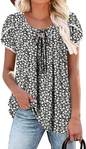 Vista 28 de BETTE BOUTIK Blusas de verano para mujer, plisadas, de manga corta, con cordón, cuello redondo, tallas S-3XL