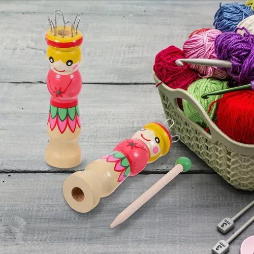 Vista 9 de ARTIBETTER 2 juegos de herramientas de tejer de madera con patrón pintado a mano de bricolaje carrete de tejer francés y herramienta de mano