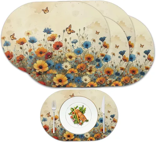 Vista 8 de Blue Flower Dining Table Mats Set of 2 Hummingbird Heat Resistant Placemats Washable and Wipeable Non Slip Place Mat, Waterproof Modern Dining Table