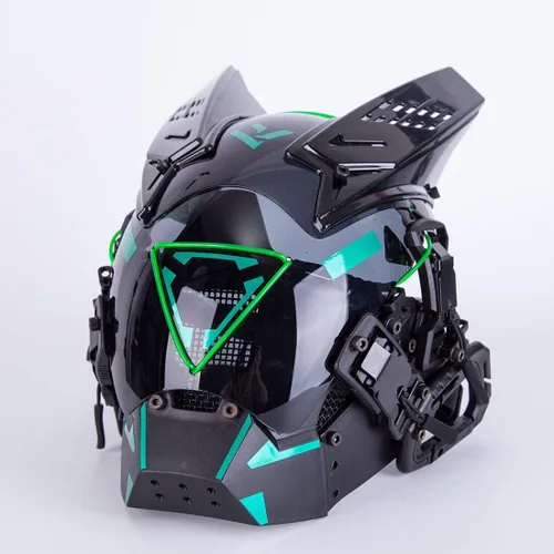 Vista 4 de DECI Casco punk gótico, máscara de cosplay con luz, futurista para máscara Cyber Punk, fiesta de Halloween para hombres y niños