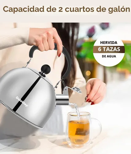 Vista 6 de Tetera para estufa - Tetera de acero inoxidable, hervidor de 2 litros para acampar, calefacción eficiente, silbato audible, mango seguro - hervidor