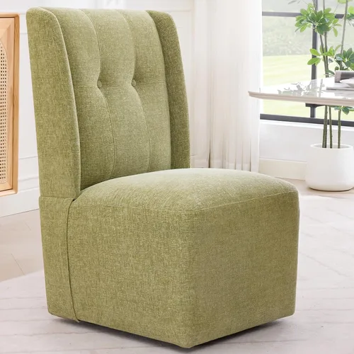 Vista 17 de Silla de comedor con ruedas, moderna silla giratoria tapizada sin brazos con ruedas para cocina, sala de estar (tela beige)