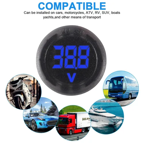 Vista 5 de Voltímetro digital para automóvil, 4 unidades, CC 4-28 V, 12 V, 24 V, voltímetro redondo de 2 cables, medidor de voltaje digital de CC para Azul