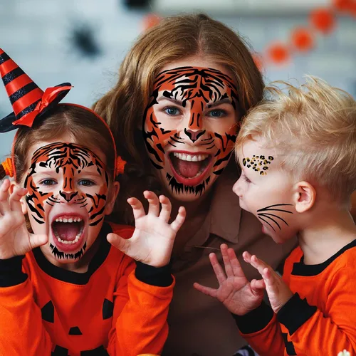 Vista 5 de Tatuajes temporales de cara de tigre, paquete de 6 – Kit realista de nariz, bigotes y frente a rayas para Halloween, fiestas de disfraces