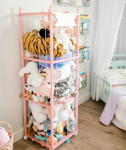 Vista 7 de Mloong Almacenamiento en zoológico de animales de peluche, animal de peluche de madera rosa, regalo para guardería, sala de juegos, dormitorio