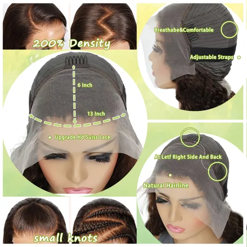 Vista 5 de Peluca de cabello humano ondulado con encaje frontal HD de 13 x 6 pulgadas, densidad del 200 %, predepilada, color marrón chocolate, peluca
