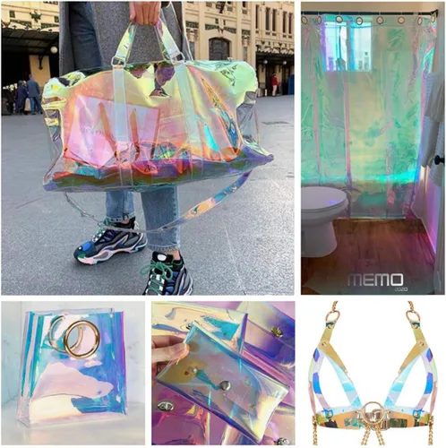 Vista 4 de Espejo de película transparente iridiscente, material de arco iris láser para hacer bolsas de ropa de costura DIY, resistente al agua, 11.8 x 54.3