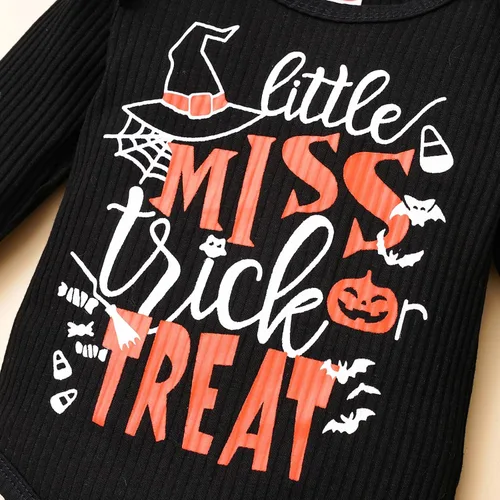 Vista 5 de Traje de Halloween para bebé recién nacido, con letras divertidas, mameluco de calabaza, con volantes, lunares, con tirantes, diadema