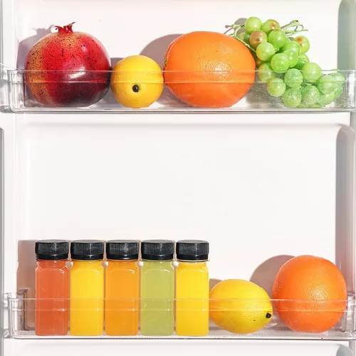 Vista 6 de SUPERLELE 20 botellas de plástico de 2 onzas con tapas, botellas de jengibre reutilizables, transparentes, a granel, para jugo, leche y otras bebidas