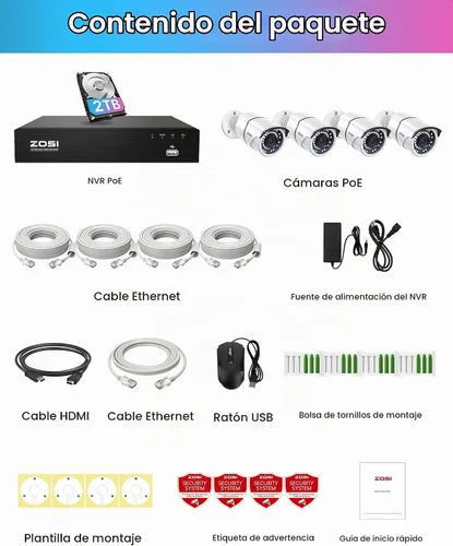 Vista 9 de ZOSI Sistema de cámara de seguridad para el hogar 8CH 4K PoE con 2TB HDD 4 cámaras de metal IP PoE resistentes a la intemperie de 5 MP, visión