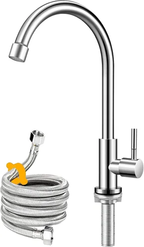 Vista 8 de Solo grifo de agua fría, níquel cepillado, acero inoxidable de un solo mango, grifos de un solo agujero, grifo de fregadero de agua fría de arco