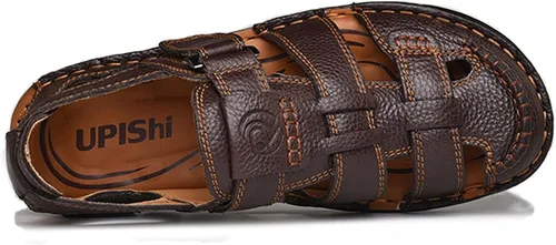 Vista 4 de UPIShi Sandalias de cuero con punta cerrada para hombre, zapatos de verano ajustables para pescador al aire libre