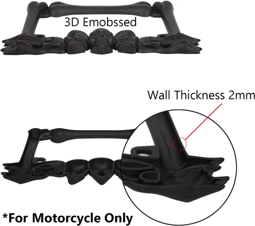 Vista 3 de LPF260-BK - Marco de matrícula de motocicleta con acabado negro mate con diseño de llamas y huesos de calavera 3D