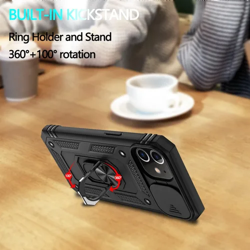 Vista 5 de Funda para iPhone 11, funda para iPhone 11 con 3 protectores de pantalla de vidrio templado, soporte de anillo integrado + cubierta de cámara