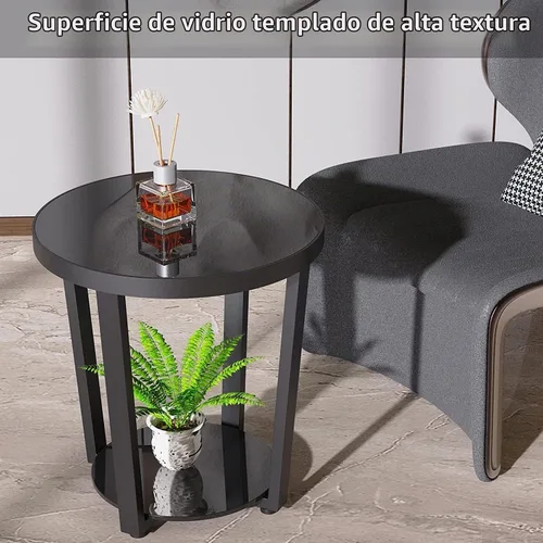 Vista 4 de Mesa auxiliar redonda, mesa auxiliar de vidrio templado con marco de metal, mesa de centro pequeña, mesa auxiliar negra para sala de estar, balcón