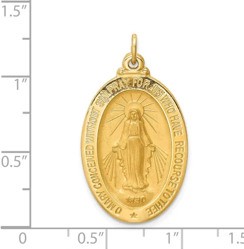 Vista 4 de Colgante de medalla milagrosa ovalada mediana de satén pulido sólido de oro amarillo de 14 quilates