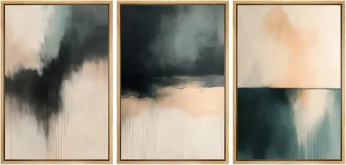 Vista 162 de SIGNFORD - Set de obras de arte en lienzo enmarcado para pared, ilustraciones abstractas de neblina del desierto en tonos neutros beige y marrón
