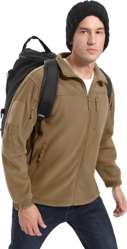 Vista 7 de CRYSULLY Chaqueta de forro polar táctica con cremallera completa para hombre, abrigo de invierno con múltiples bolsillos