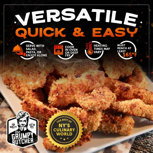 Vista 4 de Grumpy Butcher - Solomillos de pechuga de pollo empanizados, congelados, 5 Horno o freidora de aire listo, ligeramente sazonado, revestimiento