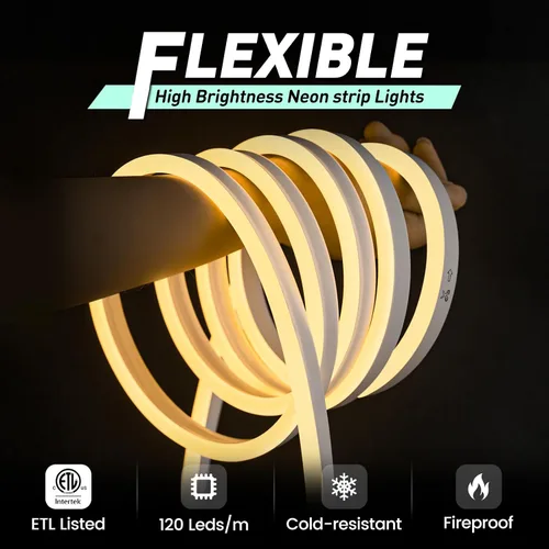 Vista 3 de GZBtech Luces de Cuerda LED de Neón Flexibles 50FT, CA 110-120V Tira de Luz Impermeable, 120 LEDs/M Cortable Conectable Iluminación de Neón