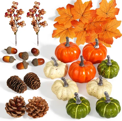 Vista 8 de Artmag - 51 piezas de calabazas artificiales, decoración de cosecha de otoño con bellotas, piñas, bayas, hojas de arce para decoración otoñal