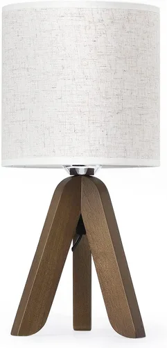 Vista 2 de HAITRAL Lámpara de Mesa de Trípode de Madera con Base Marrón, Pequeña Lámpara de Mesa Lámpara de Mesita de Noche con Pantalla de Tela de Lino