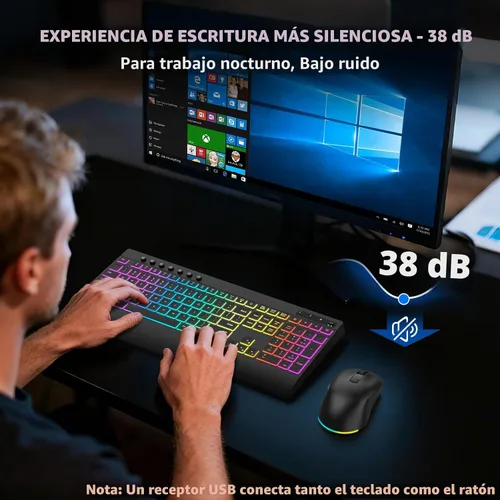 Vista 8 de Combo de teclado y mouse inalámbricos, 9 efectos retroiluminados, teclado retroiluminado recargable de 4000 mAh con reposamuñecas, mouse de 6