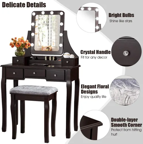Vista 8 de DORTALA Juego de mesa de tocador con espejo rectangular de 360 grados y taburete acolchado, mesa de maquillaje con 10 bombillas LED regulables