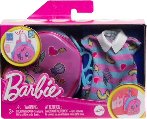Vista 7 de Barbie Conjunto de ropa, temática escolar con vestido, 5 accesorios y mochila con cremallera tamaño muñeca con anillo de clip