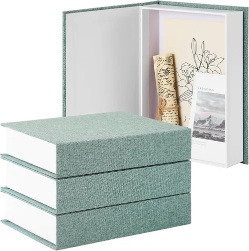 Vista 17 de Tioncy Caja de libros falsos de lino neutro, 3 piezas, decoración de imitación para decoración del hogar, estantes, mesa, tarjetas, fotos, regalo