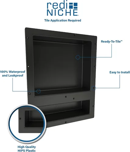 Vista 4 de Redi Niche - Estante de ducha empotrado triple nicho negro, tres estantes interiores, 32 pulgadas de ancho x 20 pulgadas de alto x 4 pulgadas