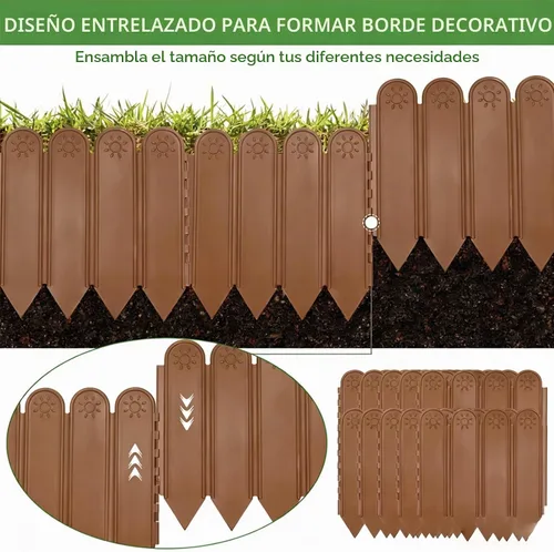 Vista 4 de EEOCWF 10 bordes de jardín marrones, bordes de plástico de 8.66 pulgadas de alto, vallas de jardín decorativas entrelazadas de 7.2 pies, borde