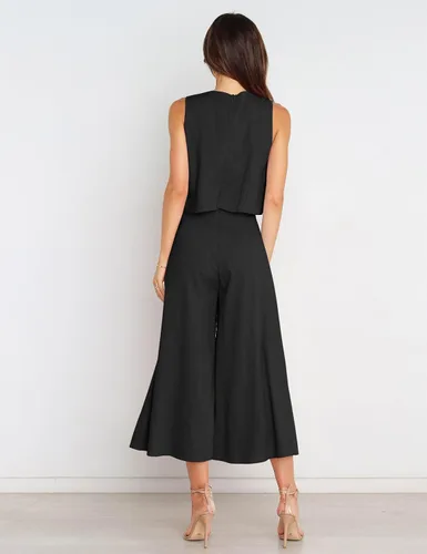 Vista 8 de Fengbay Conjunto de 2 piezas de overoles para mujer, con cuello redondo, pantalones de pierna ancha, con bolsillos