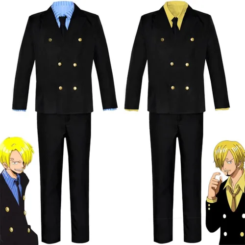 Vista 6 de Disfraz de anime de chef Sanji Cosplay negro vestido de traje de Halloween con peluca