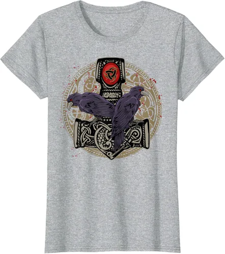Vista 28 de Thors Hammer Mjolnir Huginn and Muninn Odin Raven - Camiseta, Negro, S