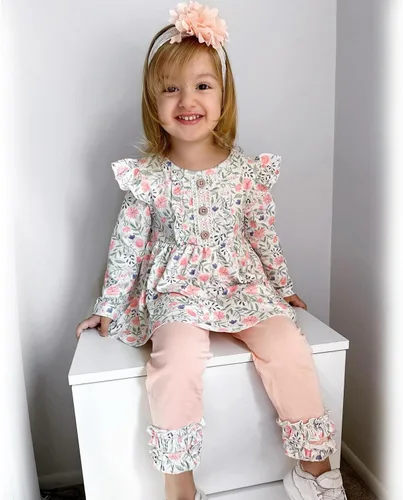 Vista 2 de HINTINA Conjunto de ropa de 2 piezas para niña pequeña con volantes y manga larga