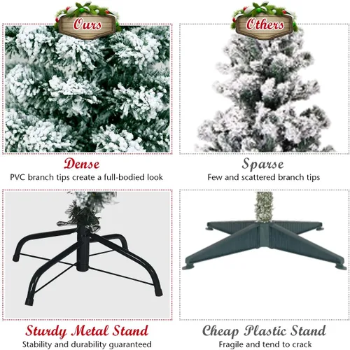 Vista 4 de Goplus - Árbol de Navidad artificial nevado de 4.5 pies, con nieve, flocado, con bisagras, preiluminado con 200 luces LED, 400 puntas de ramas