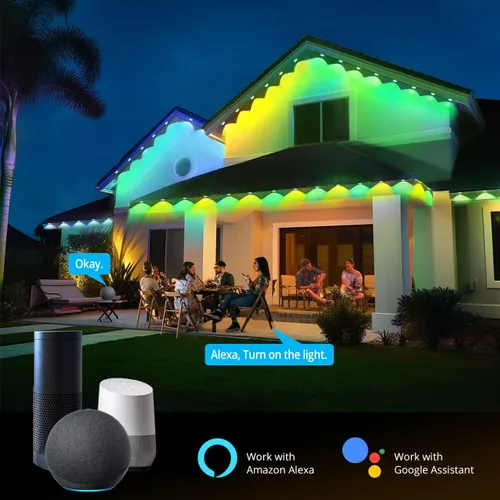 Vista 4 de wowlite Luces exteriores permanentes de 50 pies, luces inteligentes RGBIC para aleros con 36 LEDs, impermeables IP67, más de 110 modos de escena