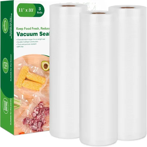 Vista 13 de Moretoes Bolsas selladoras al vacío, 3 rollos de 8 x 16 pies para guardar alimentos, rollos de bolsas de grado comercial, sin BPA, bolsa
