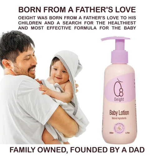 Vista 9 de Oeight Baby Lotion es una loción corporal natural para recién nacidos y bebés, ideal para pieles sensibles. Esta suave crema hidratante calma