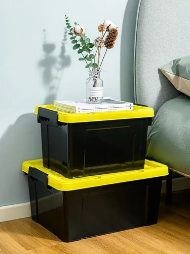 Vista 5 de Cetomo Contenedor de plástico apilable con tapa y hebillas de cierre seguro, color negro, 16 cuartos de galón x 4, paquete de 4