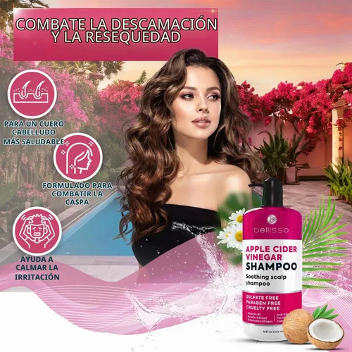 Vista 2 de Champú de Vinagre de Sidra de Manzana - Sin Sulfatos, Parabenos y Silicona, Producto Anticaspa para Mujeres y Hombres - Fórmula Profundamente