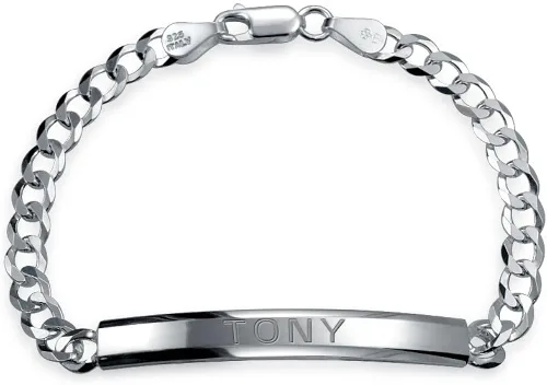 Vista 5 de Unisex Personalize Custom Engrave Miami Cuban Curb Link Slender Sleek Name PlatedID Bracelet For Men Women Teens Engravable Medium 180 Gauge 925