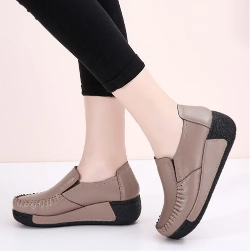 Vista 5 de Mocasines de cuero con plataforma para mujer, transpirables, antideslizantes, con buen arco, para enfermera, para caminar y caminar