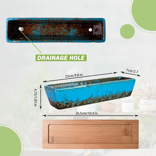 Vista 2 de ARTKETTY Macetas para suculentas, macetas de cerámica para suculentas de 9.8 pulgadas con drenaje, maceta pequeña para bonsái con bandeja de bambú