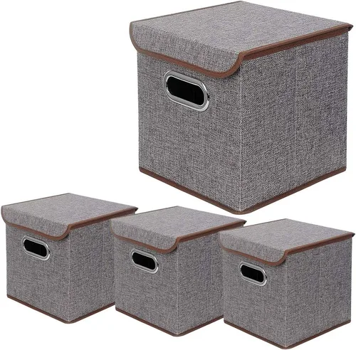 Vista 5 de Juego de 4 contenedores plegables de tela de lino con tapa, cajas organizadoras plegables, 10 x 10 x 10 pulgadas (beige)