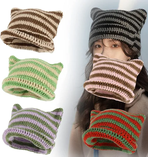 Vista 3 de Gorro de gato, gorro de oreja de gato, gorro holgado para mujer, gótico hecho a mano con ganchillo y 3 pinzas de pelo de estrella