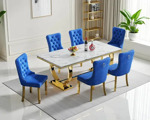 Vista 28 de Juego de mesa de comedor de mármol para 4, mesa de cocina rectangular de mármol blanco de 70 pulgadas con base en O de acero inoxidable dorado